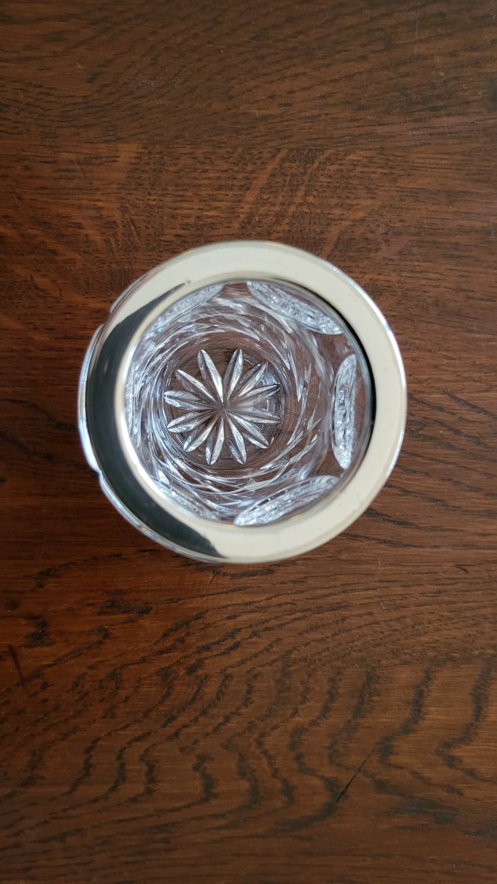 Vintage lepelvaasje kristal met verzilverde rand