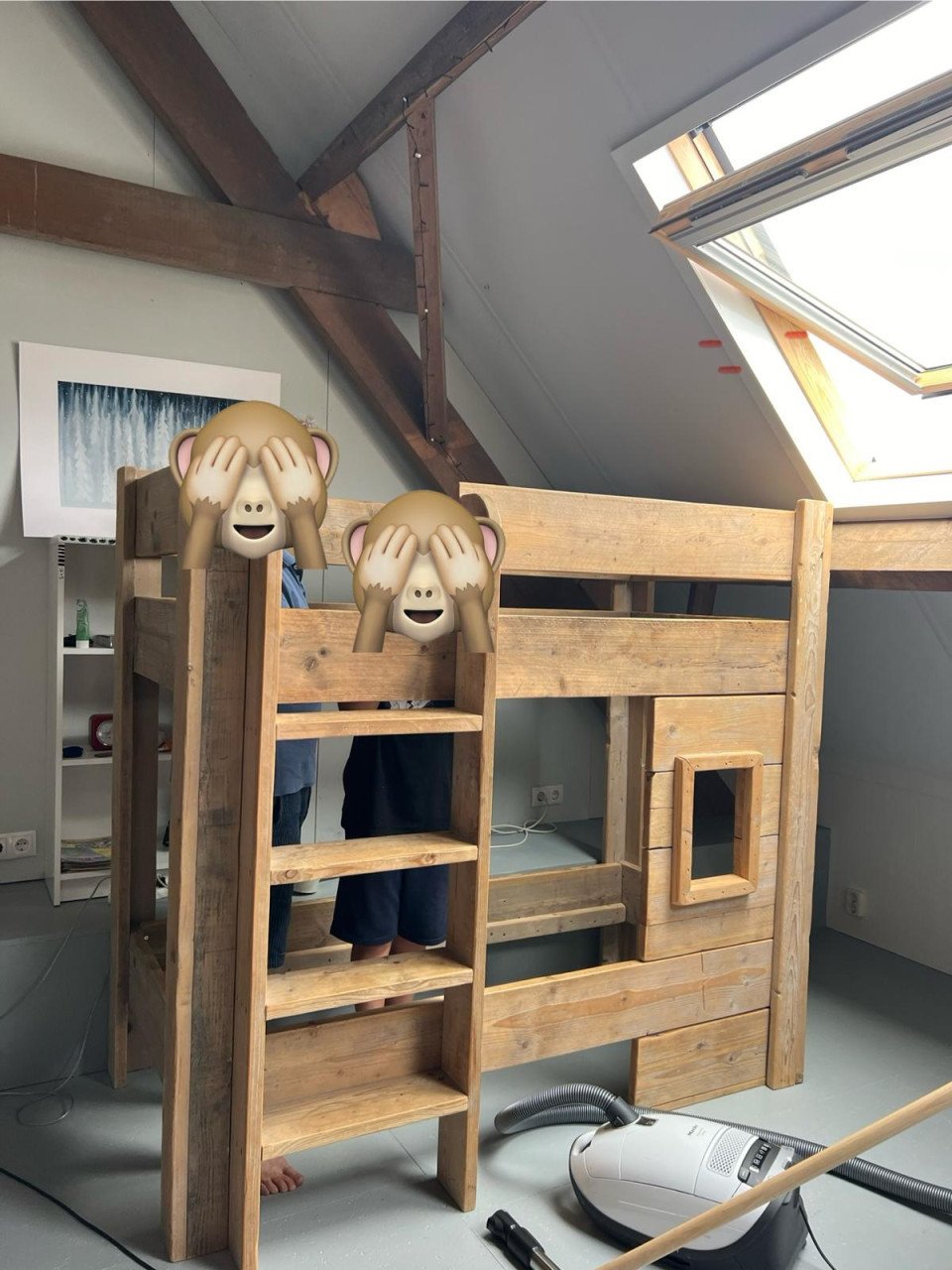 SteigerhoutenStapelbed met trap en raampje, zeer stevig