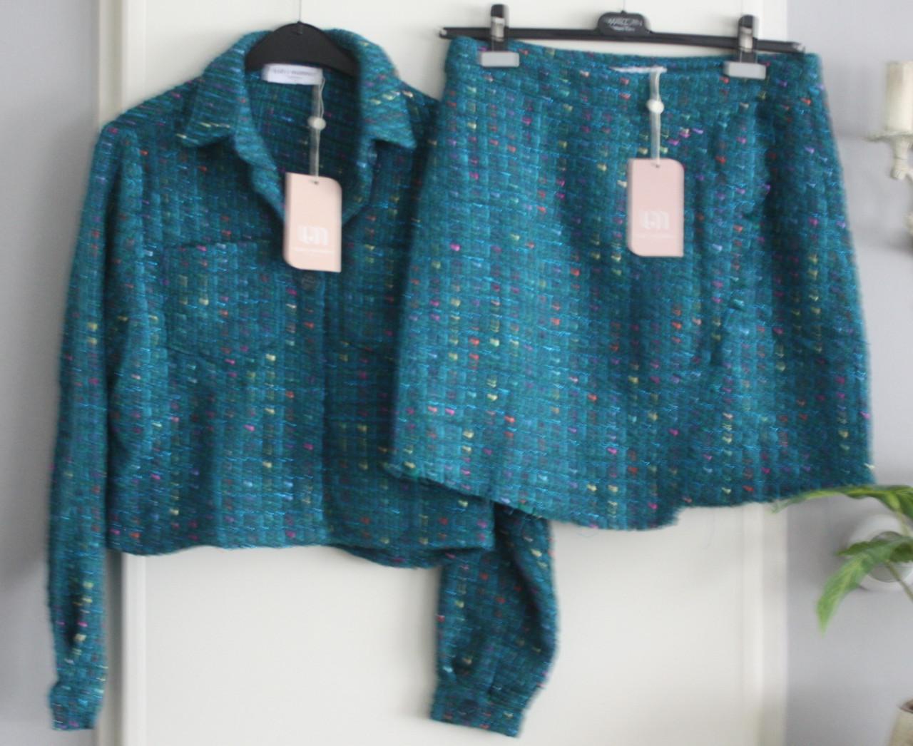 Nieuw mantelpak blazer rok groen blauw