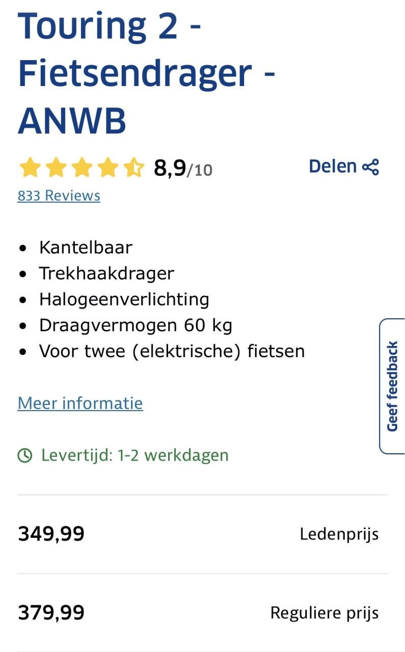 Kantelbare fietsendrager ANWB Travel en Co