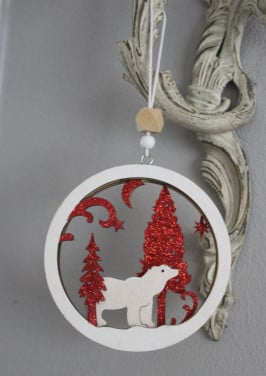 Houten kersthanger met rode glitter kerstbomen