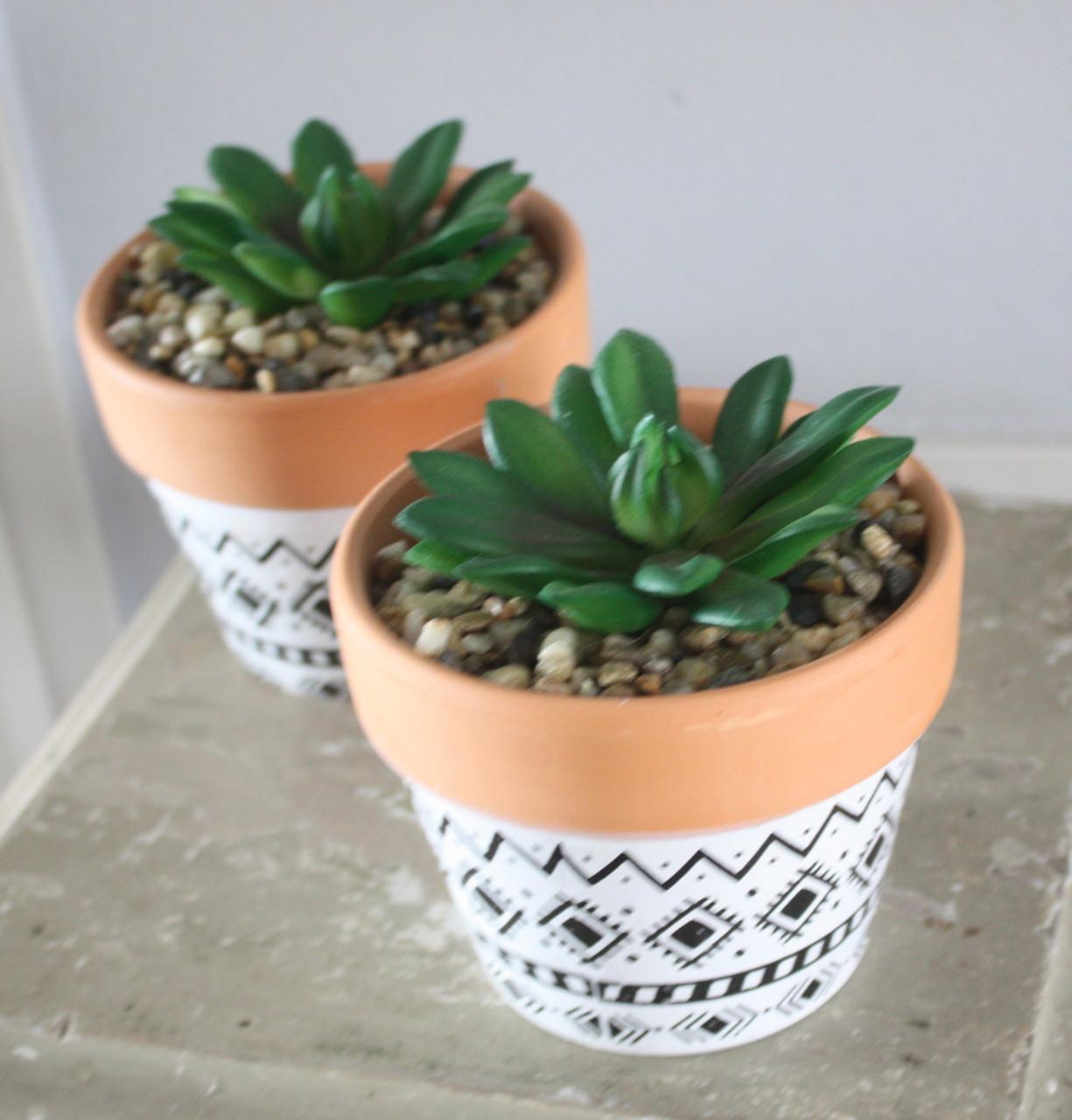 Set van 3 stenen bloempotjes met nepplantje erin