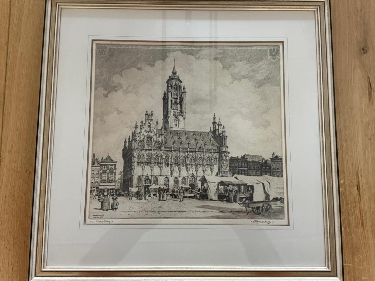 Middelburg Stadhuis Ets - zeldzaam van E.E.Roodenberg 1895 - 1973