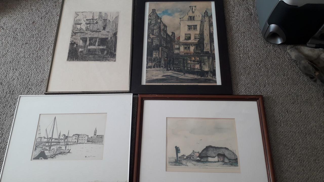Partij tekeningen en schilderijtjes