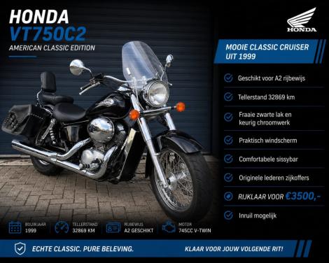 Frisse Honda VT750C2 uit 1999 met 32 dkm, lederen koffers, sissybar €3500,-