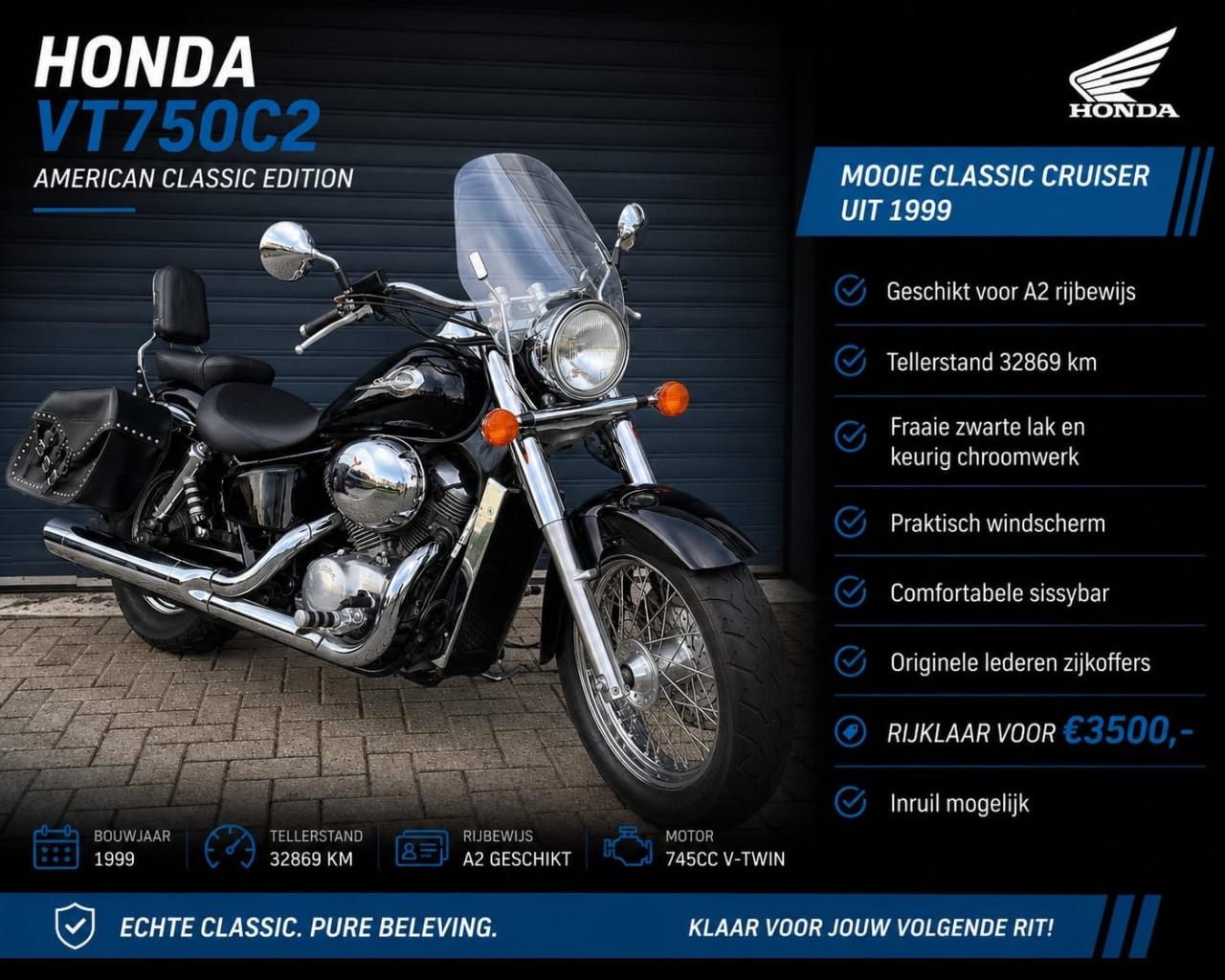 **VERKOCHT** Honda VT750C2, 1999, 32 dkm, lederen koffers, sissybar €3500,-