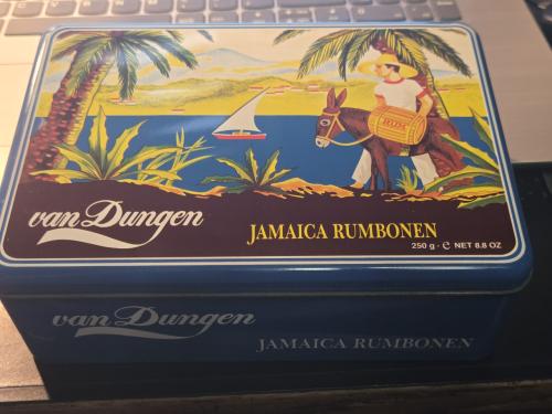 Vintage van Dungen Jamaica rumbonen blik vroege jaren '90, 18x12x6.5cm