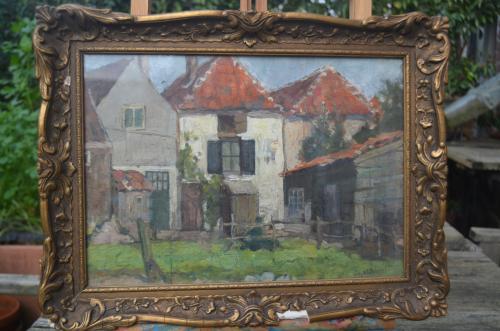 Klein olieverf Huisjes (in Veere??) 1938