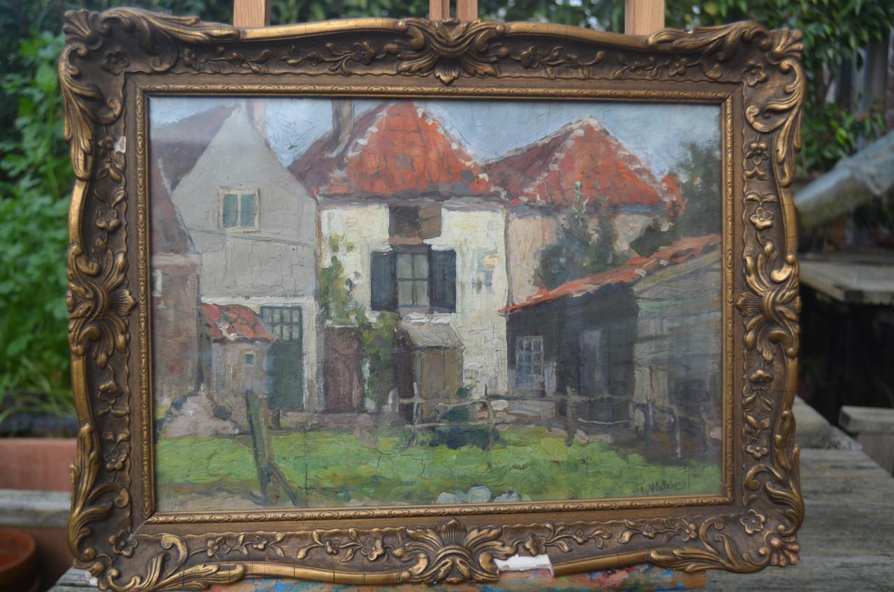 Klein olieverf Huisjes (in Veere??) 1938
