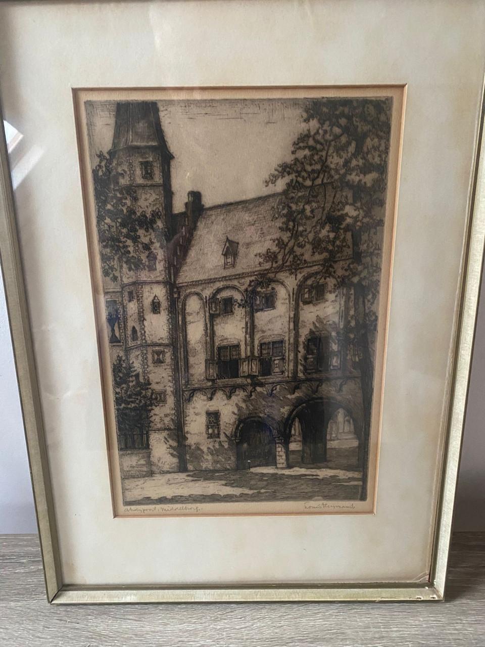 Mooie ets van abdijpoort Middelburg van Louis Heymans