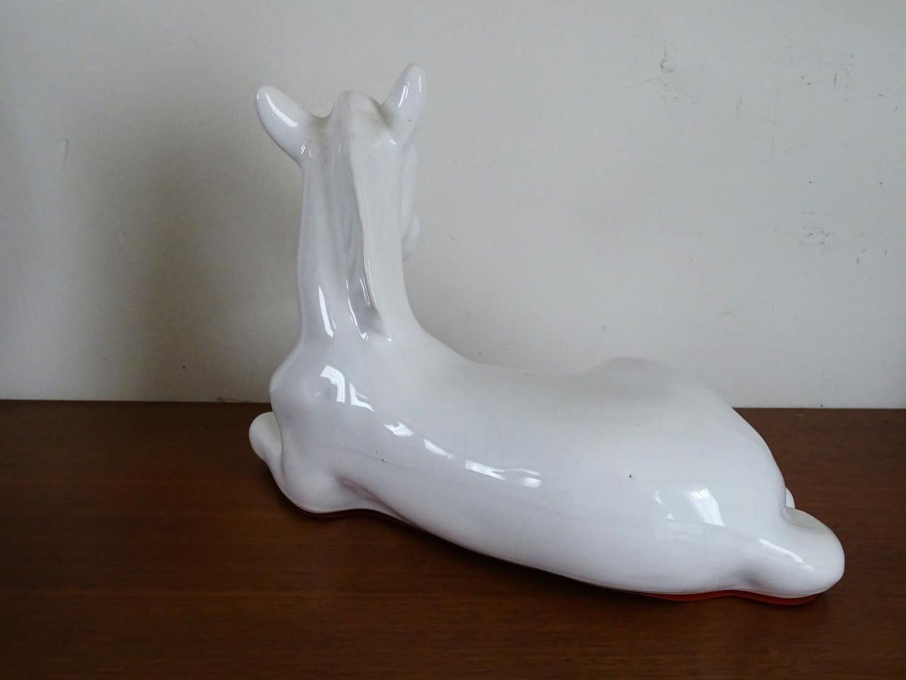 Vintage Delfts Wit plateel Beeld Liggend Paard keramiek