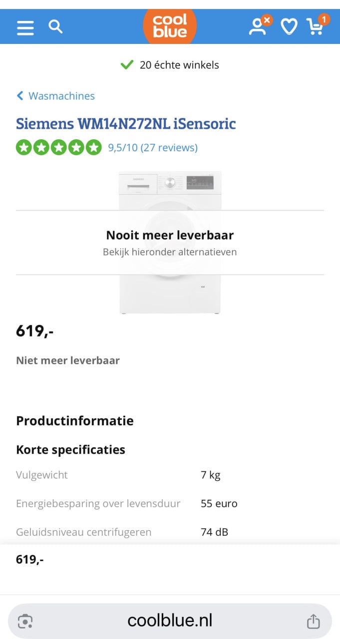 A+++ klasse Siemens WM14N272NL iSensoric 7 kg. 1400 toren