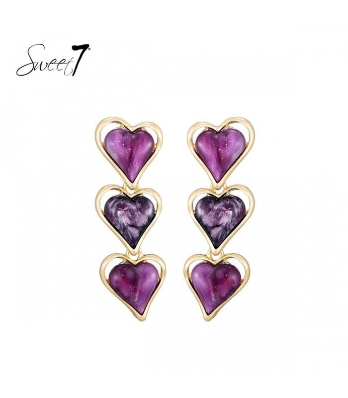 Paarse oorhangers met 3 harten en een goudkleurige omlijsting