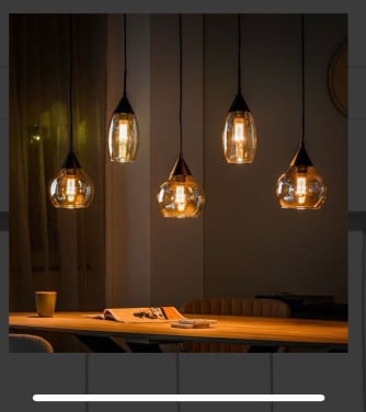 📦 Te koop: Hanglamp “Lungo”5-lichts met amberkleurig glas-NIEUW in doos