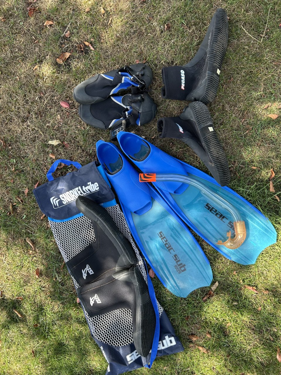 Flippers, snorkel en waterschoenen.