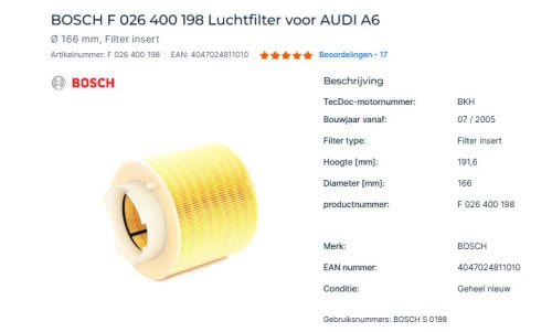 BOSCH F 026 400 198 Luchtfilter voor AUDI A6