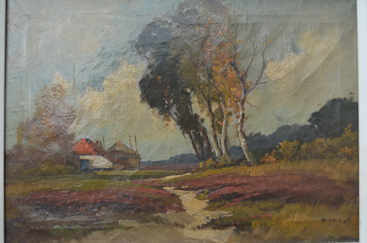 Olie op doek boerderijtje in landschap 19e eeuws.