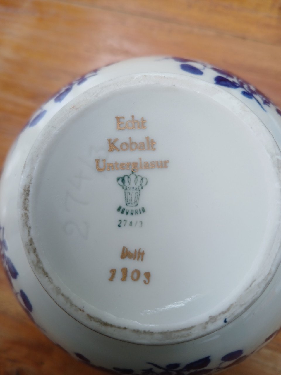 Delftsblauwe vaas met vergulde rand, vintage jaren 50