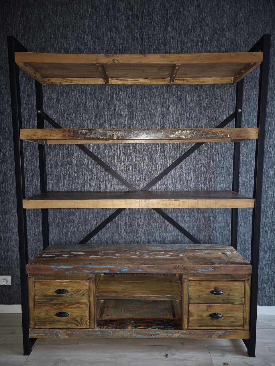 Industriële stellingkast/wandmeubel oud boothout (mango)