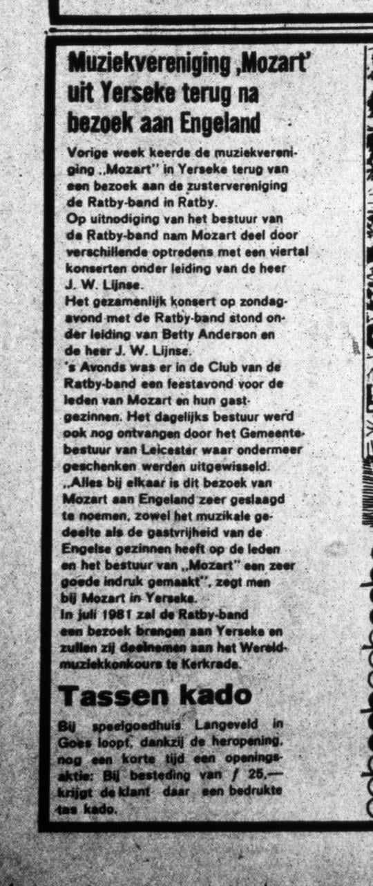 Muziekvereniging Mozart – Yerseke. Cassettebandje Ratby 1980