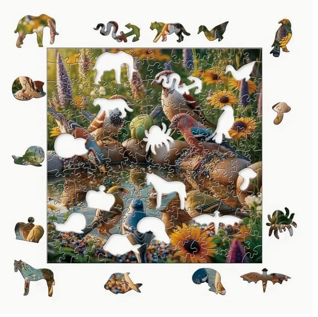Houten puzzel: voederplaats. ( + speciale dieren stukjes )