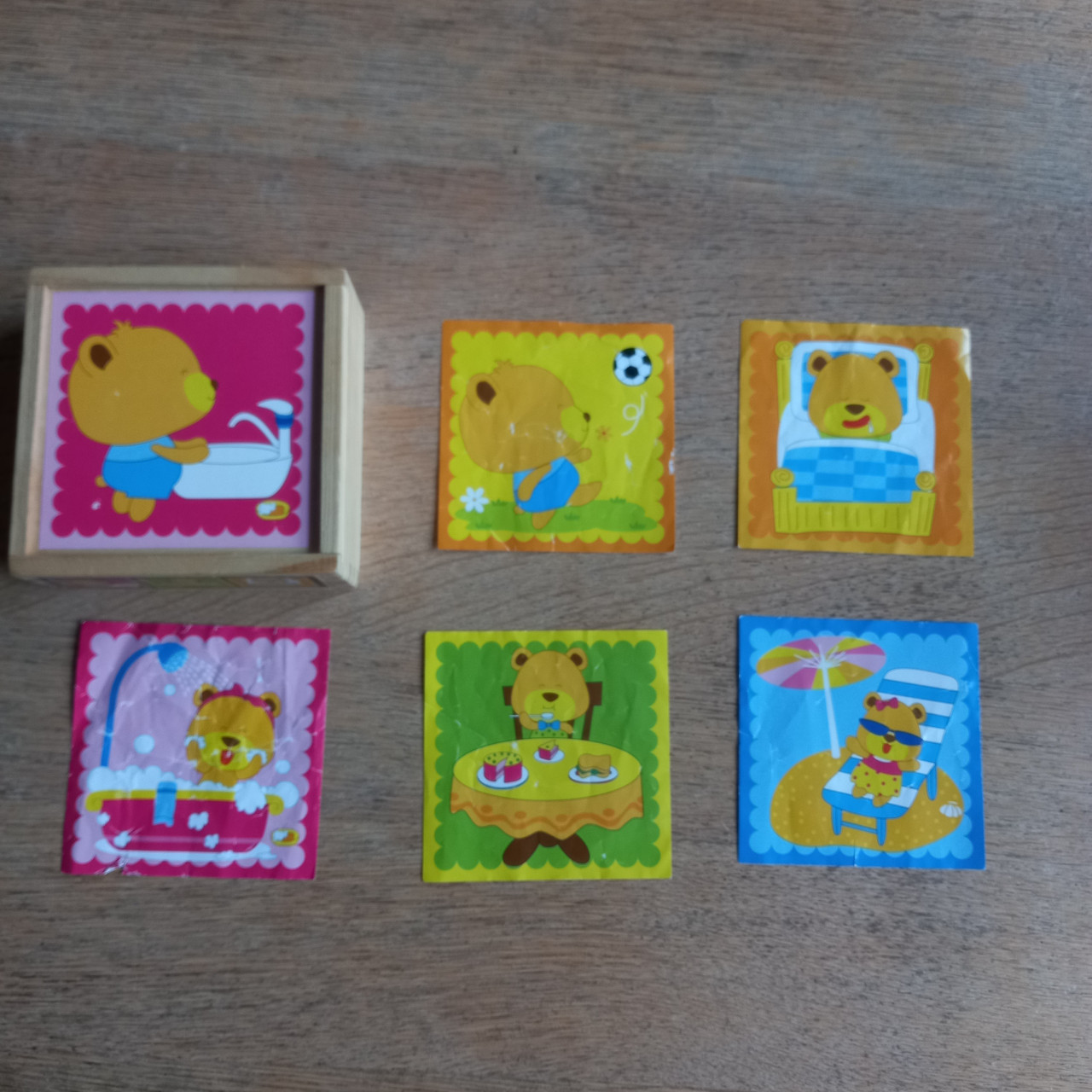 3 blokpuzzels met ieder 6 verschillende afbeeldingen