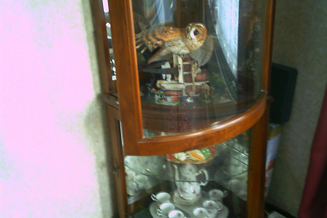 HOEKvitrine in ronde vorm met wandspiegels EN verlichting.