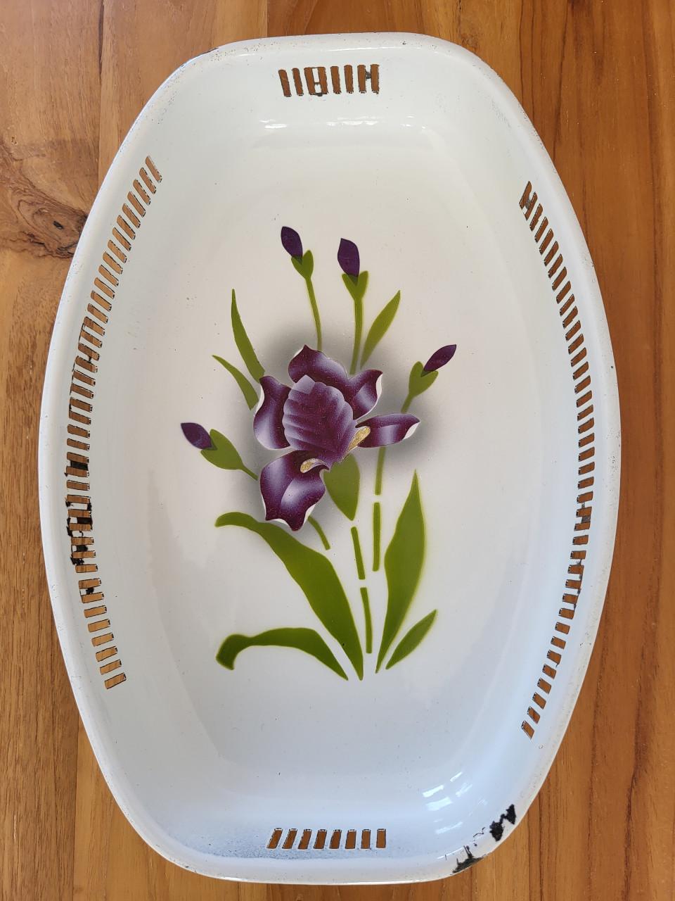 Brocante emaille schaal broodschaal broodmand iris