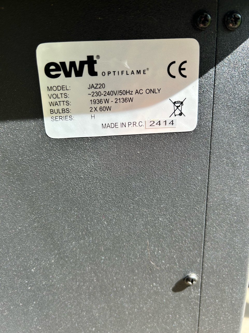Sfeerkacheltje, Electrische kachel. EWT Optiflame Jaz20, 2000W
