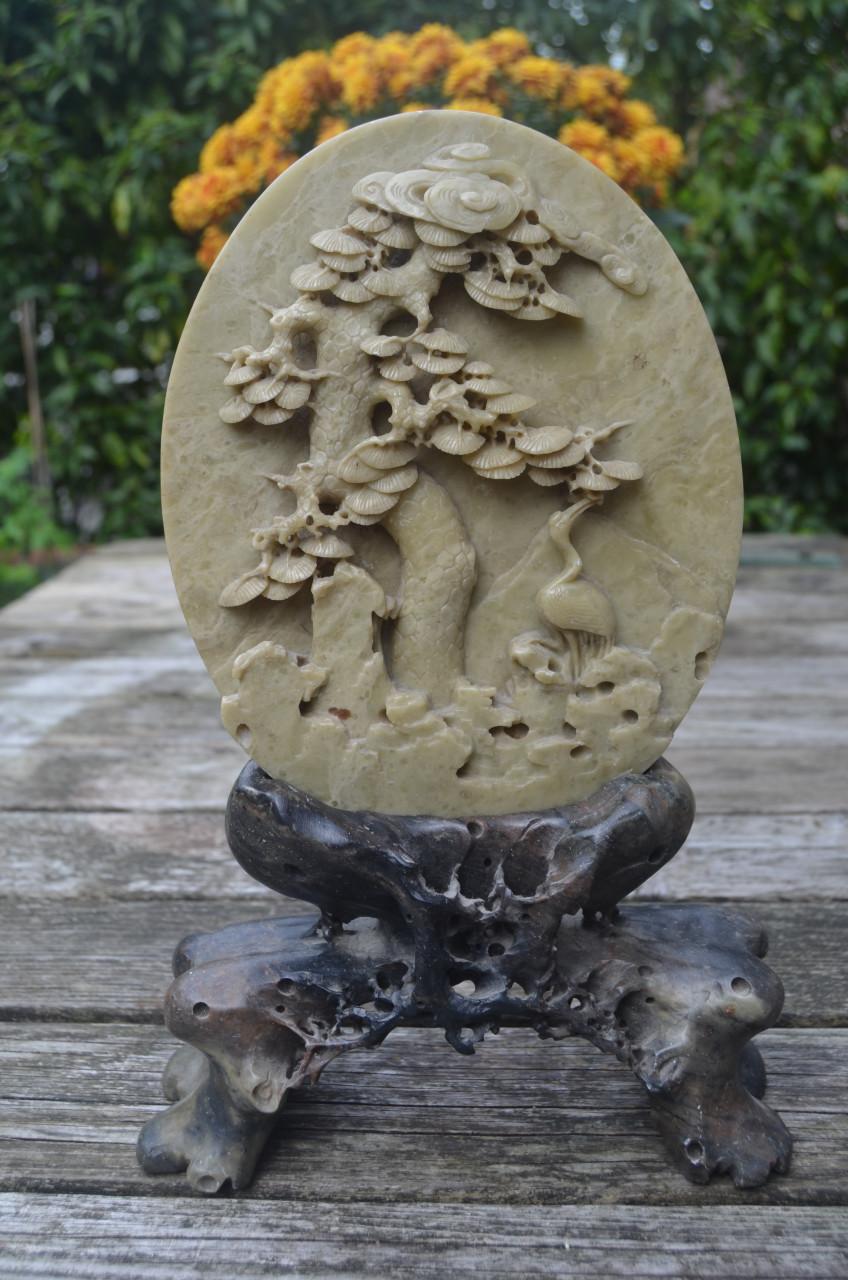 Spekstenen Chinese sculptuur boom en kraanvogel