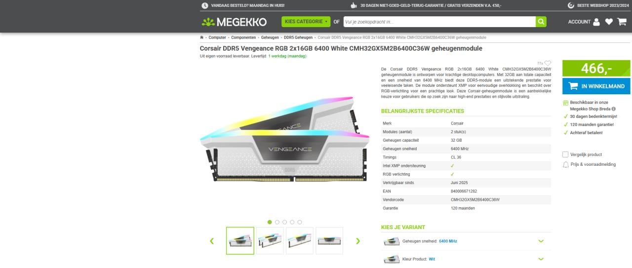 WIT Crosair Vengeance RGB DDR5 32GB (2x 16) 6400Mhz - Nieuw!