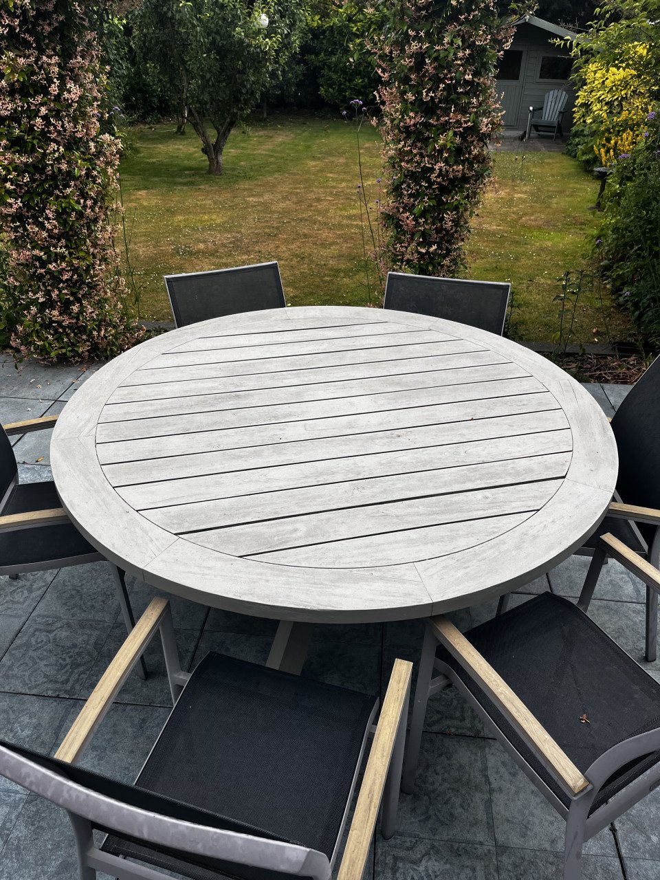 Ronde Tuintafel, teak, greywash, 160 cm!