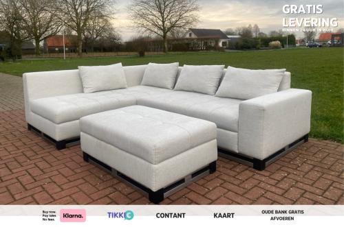 Grijze Stoffen Hoekbank met Hocker-Ruim Lounge Comfort-Gratis Levering