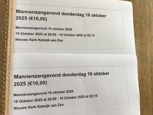 2 Kaarten voor Mannenzangavond.  Katwijk  16 oktober 2025.