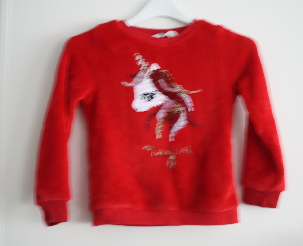 Rode flace trui met eenhoorn pailletten maat110-116