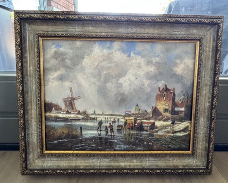Schilderij winterlandschap met schaatsers te koop