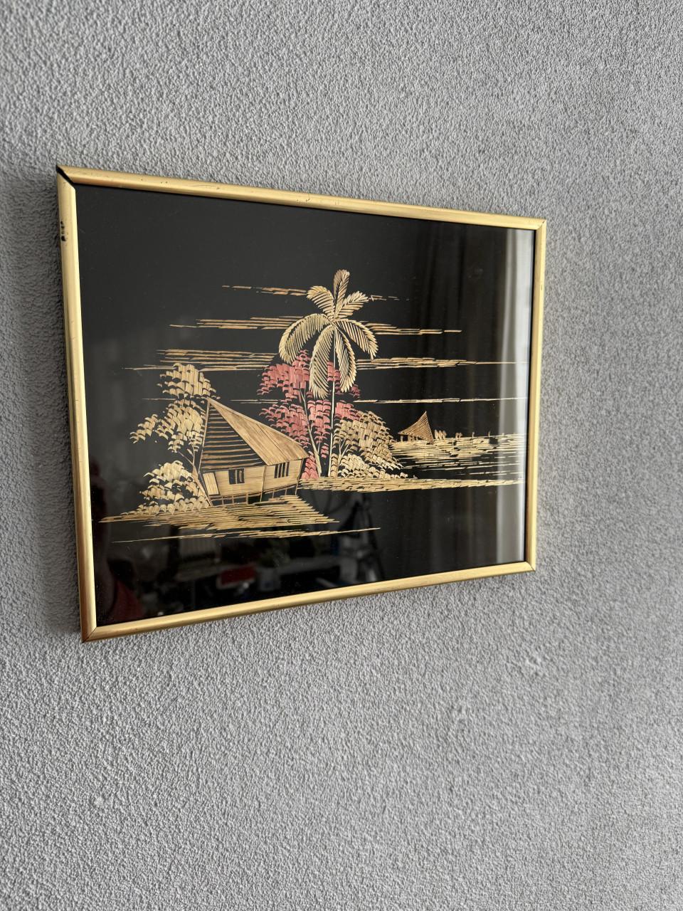 Vintage retro Aziatische rijststro kunst. (2 stuks)