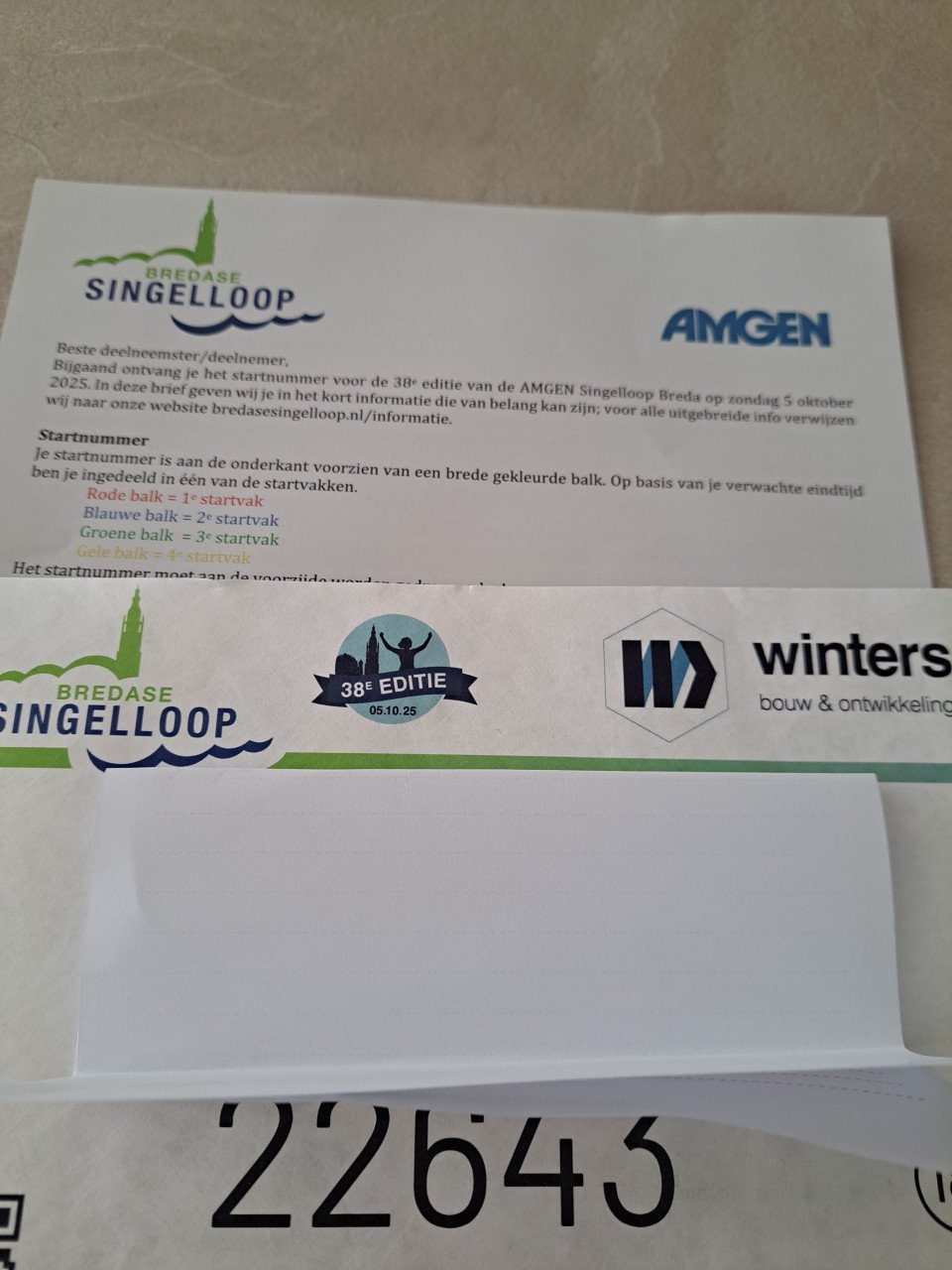 Te koop startnummer singelloop Breda 5 oktober