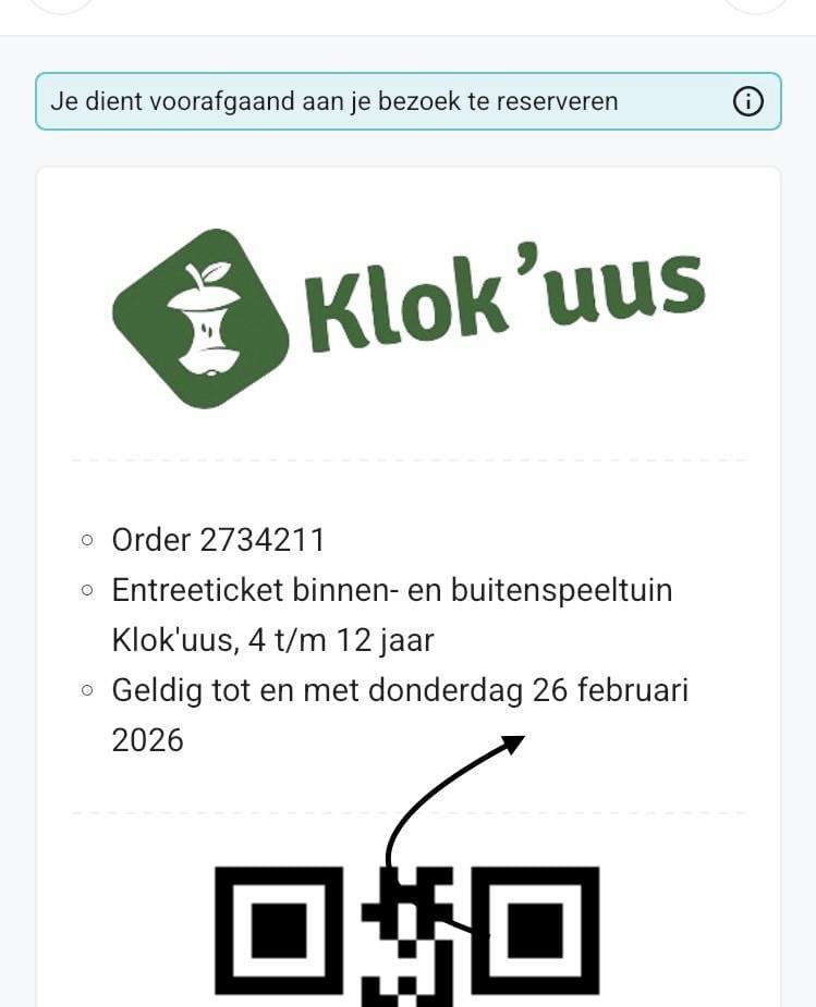 Toegangsbewijs kaartje klok’uus binnenspeeltuin