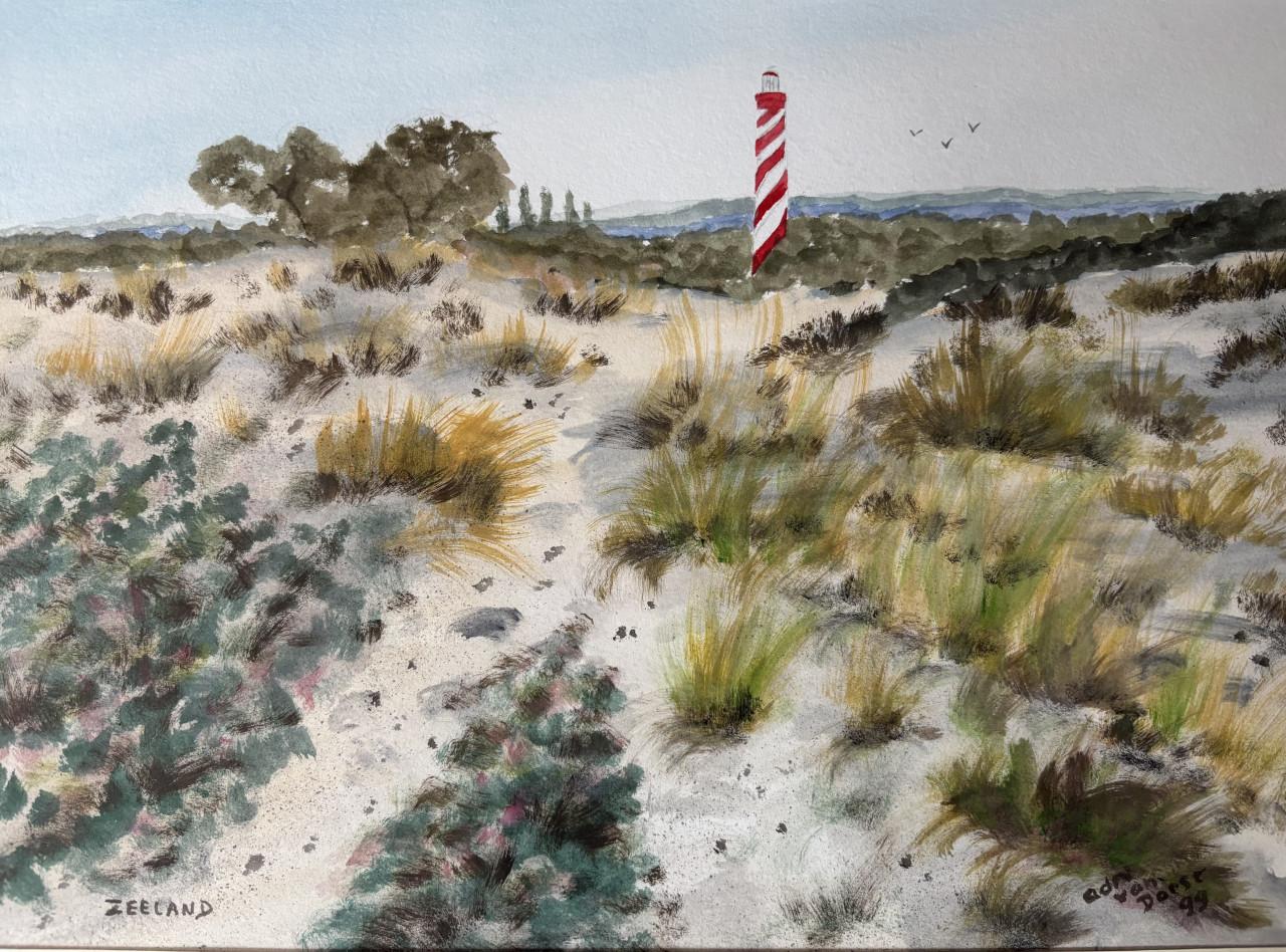 Aquarel Vuurtoren van Haamstede Zeeland door Adri van Dorst