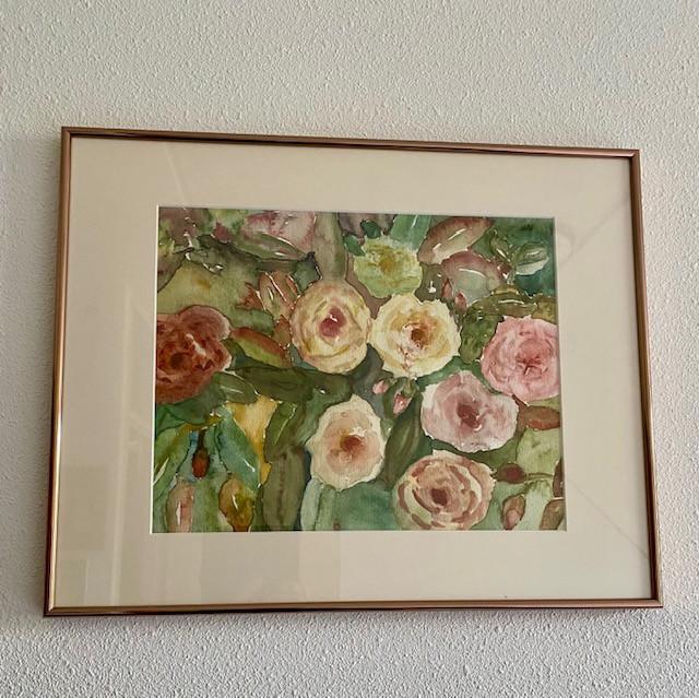 Mooi echt schilderij in mooie rose-kleurige lijst met echt glas ervoor