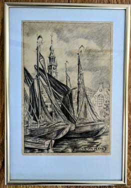 Tekening van haven in Veere, ingelijst