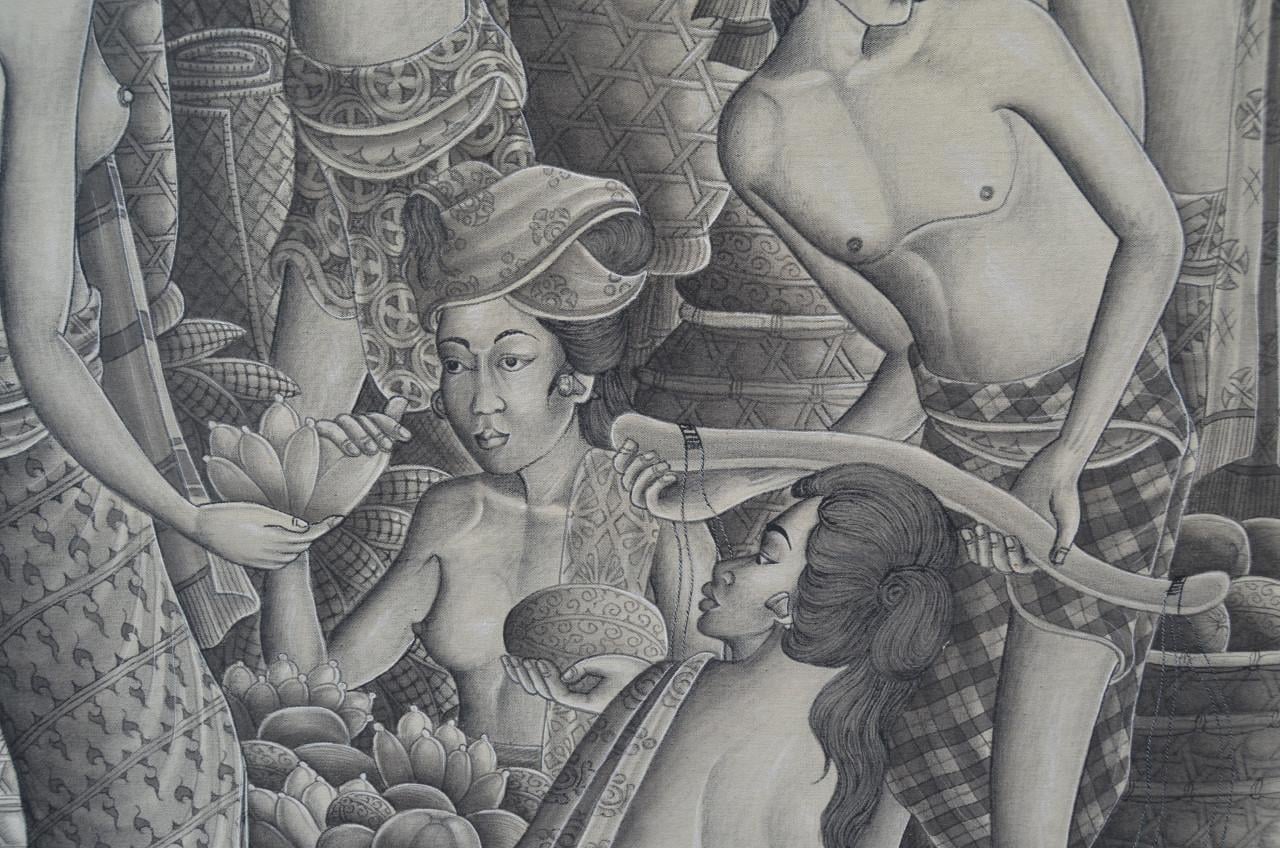 Twee prachtige enorme Balinese schilderijen, pendanten, gesigneerd