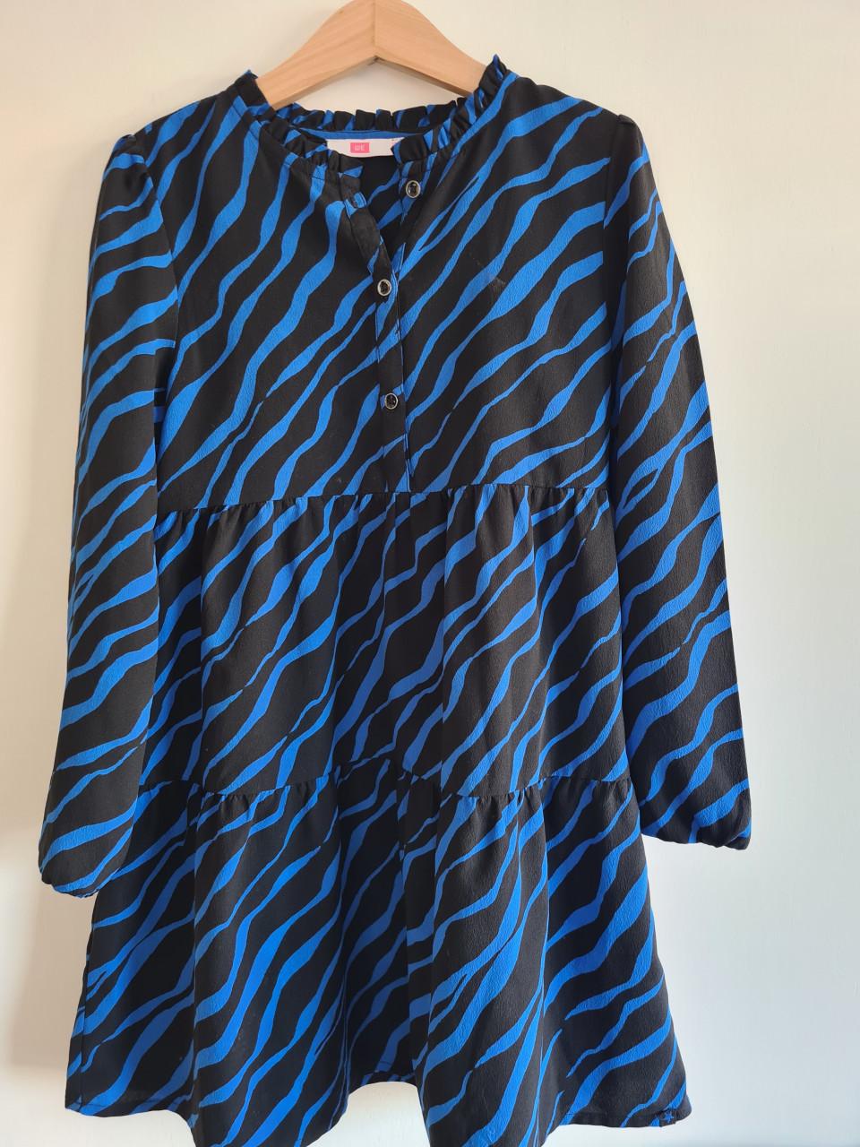 WE Fashion blauw / zwarte zebraprint A- Line  jurkje. Maat 122-128