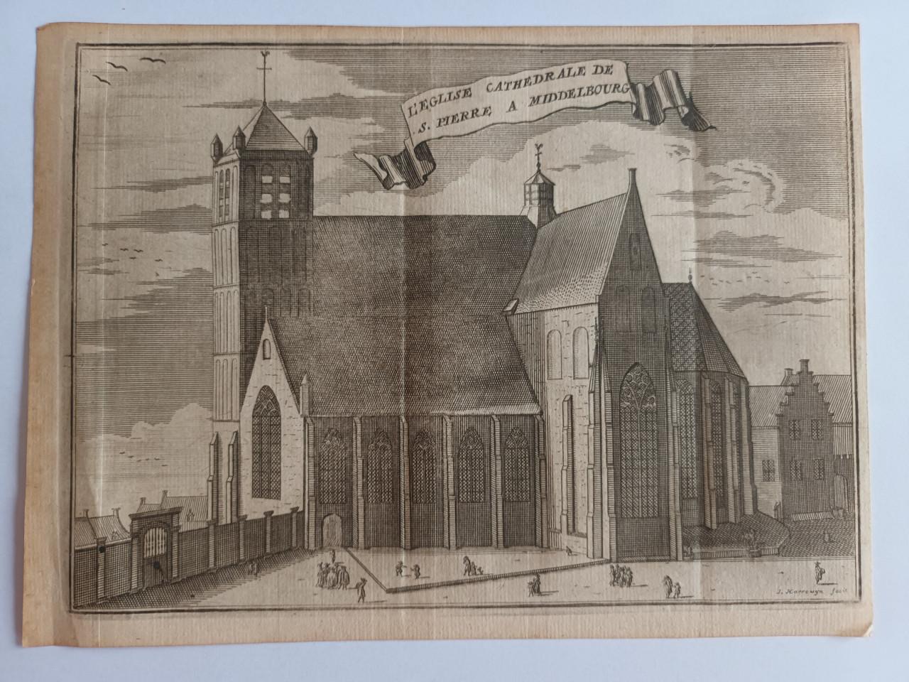 Jacobus Harrewijn - Kopergravure van de Oude of Sint-Pieterskerk Middelburg