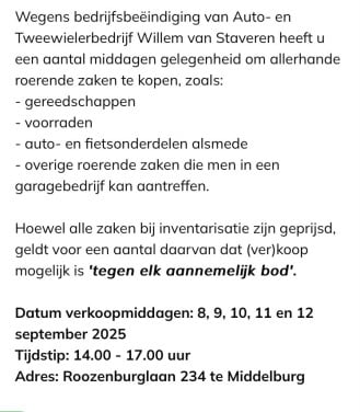 8-12 sept. verkoop van gereedschappen, onderdelen en inventaris