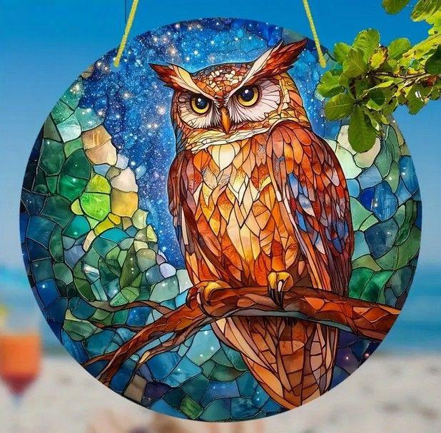 Raamhanger uil ( glas in lood stijl )