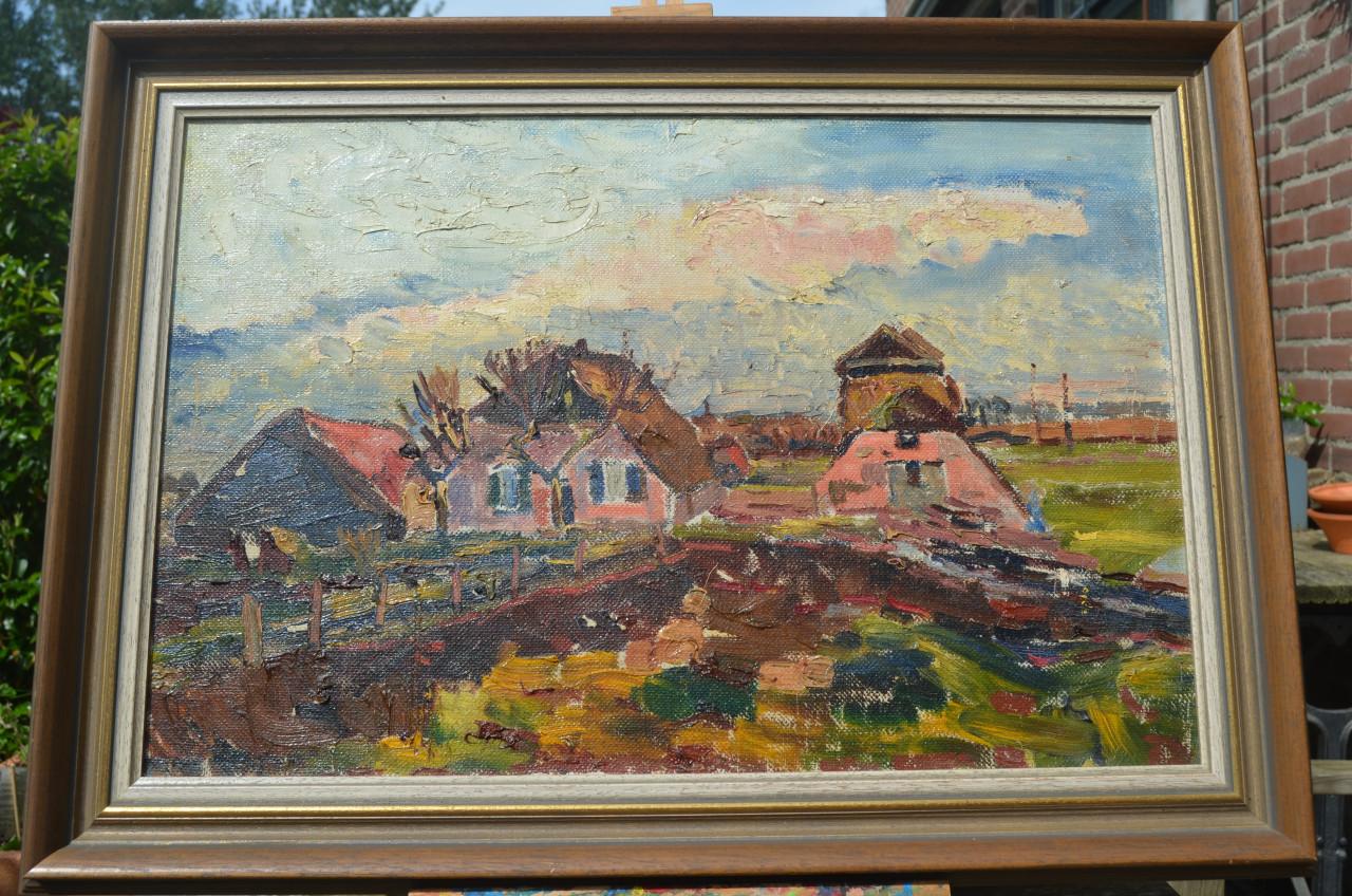 Olieverf op doek: boerderijtje (in Engeland?)