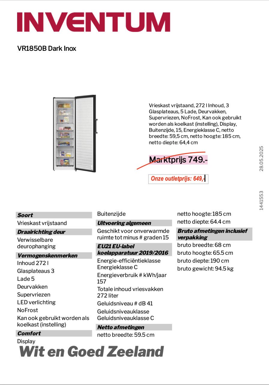 INVENTUM VRIESKAST - KAN ALS KOEL INGESTELD!  5 jr GARANTIE! (outlet/nieuw)