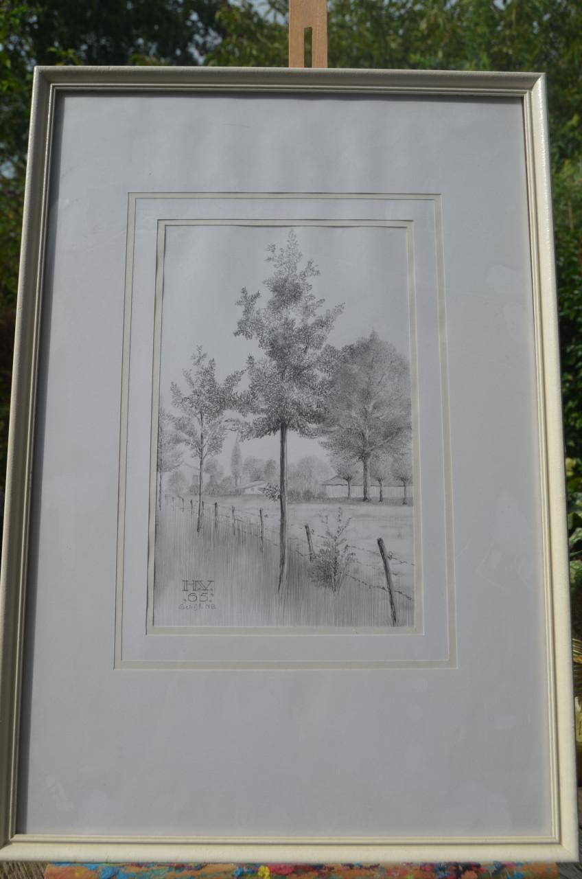 9 x Hendrik Voskuijl (1893 - 1980) potloodtek. bomen (2) o.a. Ommen